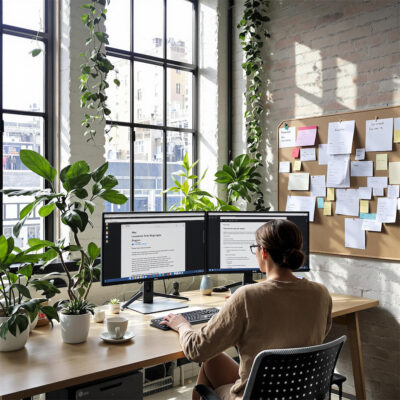 Arbeitsplatz eines Content Creators mit zwei Monitoren in einem modernen Industriebüro. Ein Monitor zeigt einen Blogbeitrag in Arbeit, der andere Recherchematerial. Der Raum ist mit Backsteinwänden, großen Fenstern und grünen Pflanzen ausgestattet.